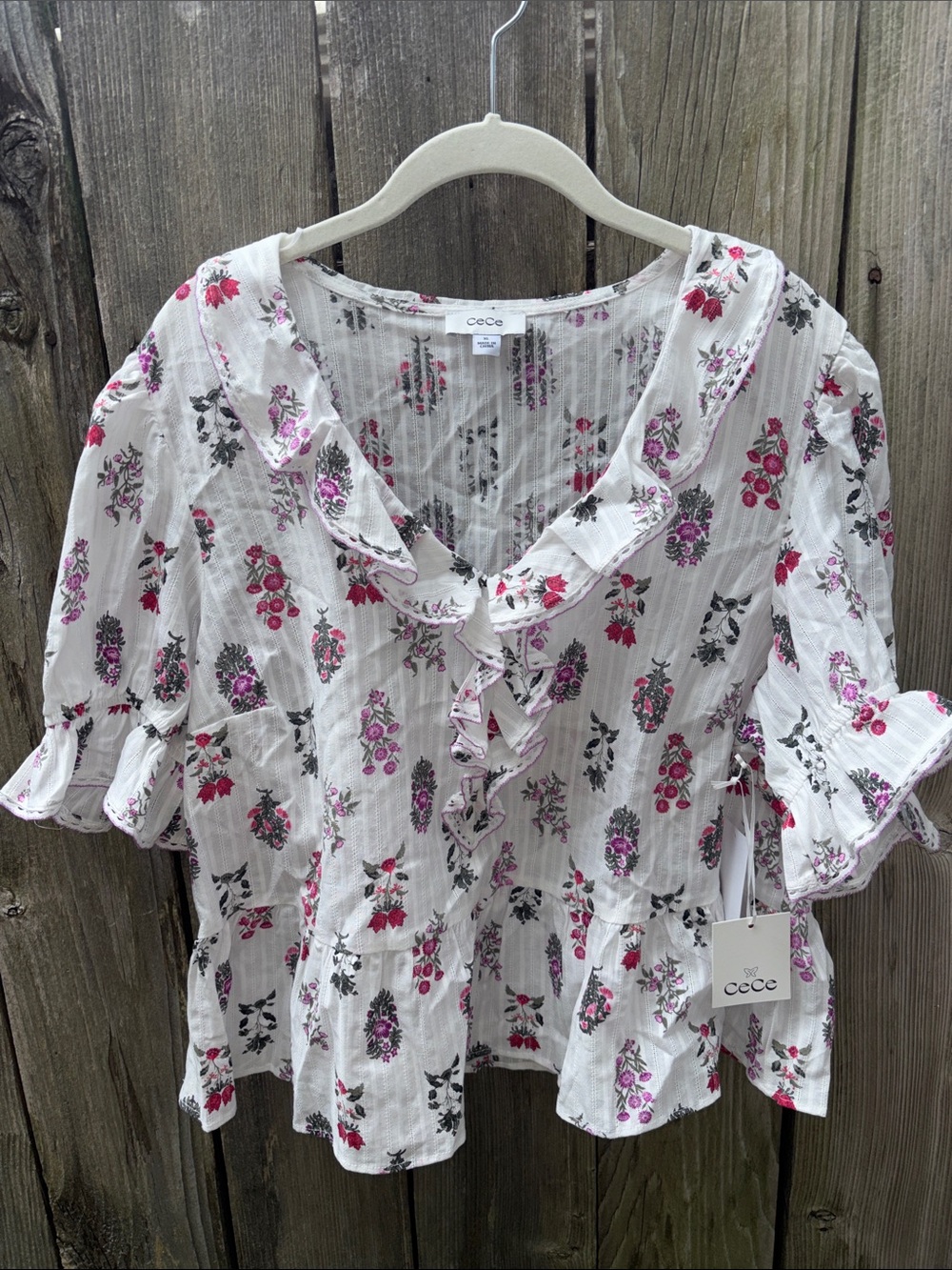 NWT SZ XL CeCe White Floral Cottagecore Boho Blouse Top Women’s Sz XL NWT